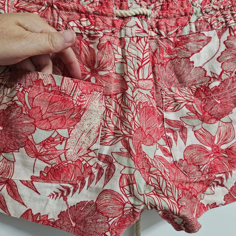 Roxy Linen Blend Shorts Womens Small Red Floral Paperbag Waist Rope Drawstring